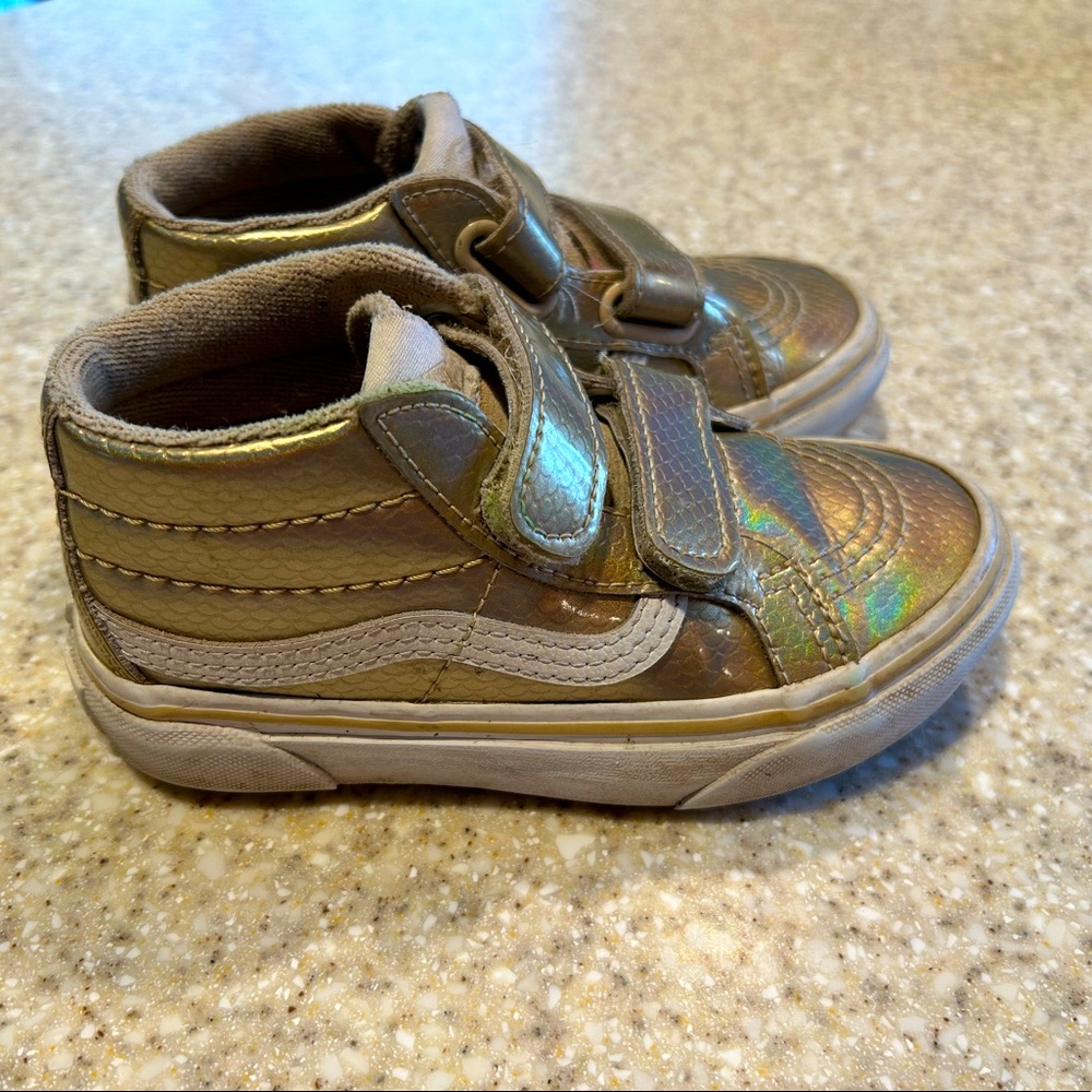 Girls iridescent gold Velcro sk8 high tops.